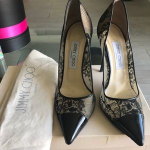 Black lace/ Patent leather heels